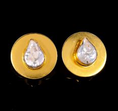 Handmade Brass Round Stud Earrings with Baroque Pearl Stones and 22k Gold Plating